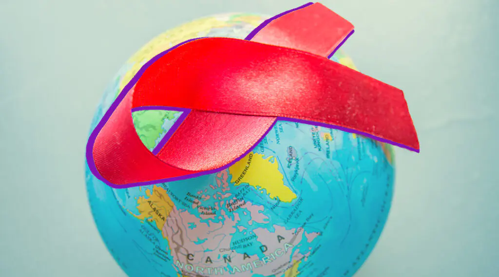 Globo terráqueo con lazo rojo que representa la respuesta global frente al VIH.