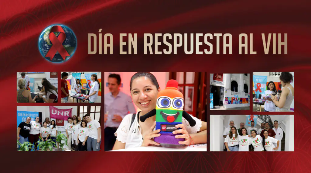 Gráfica del Día en Respuesta al VIH con collage de actividades comunitarias y de prevención de AHF Argentina.