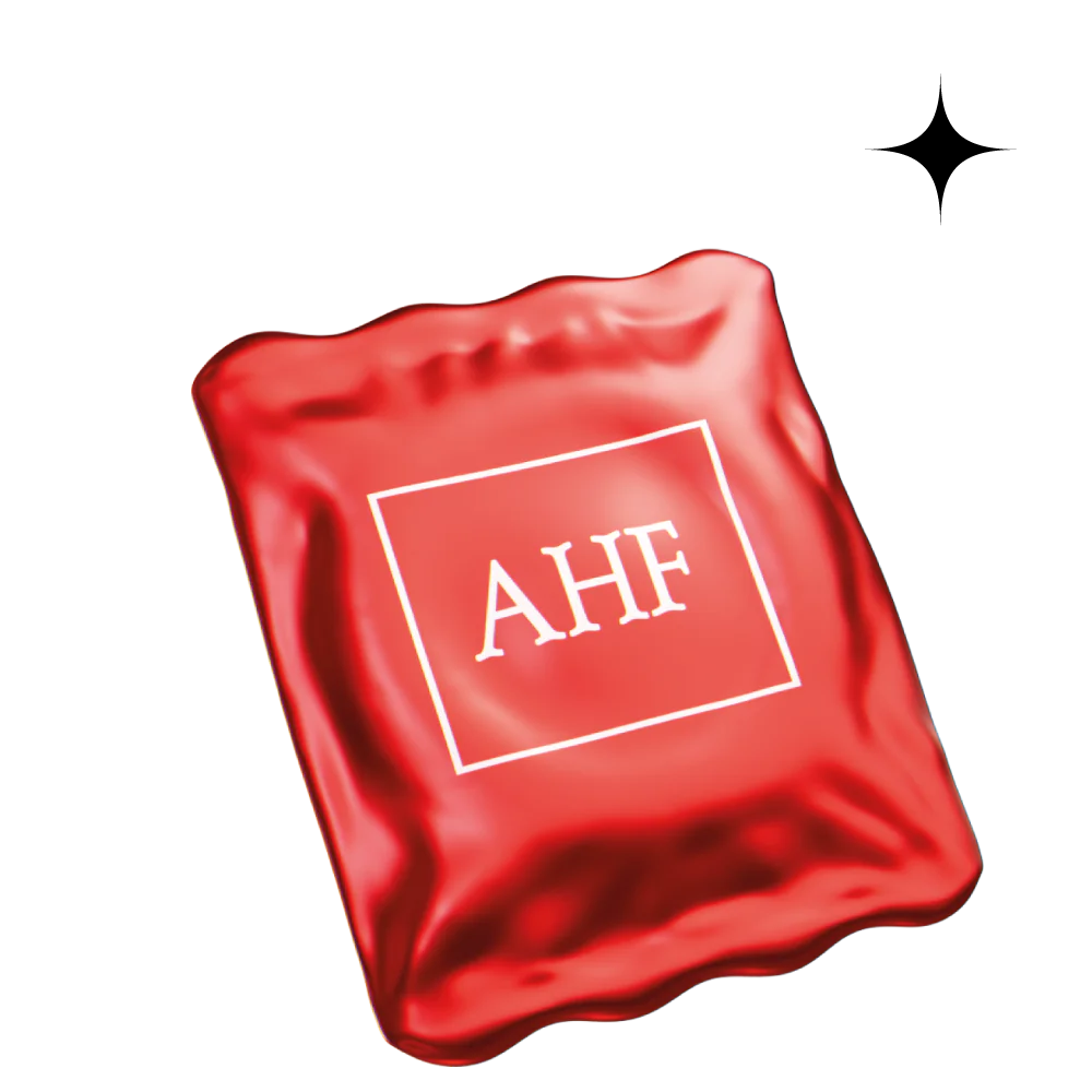 Ilustración de preservativo rojo con el logo AHF.
