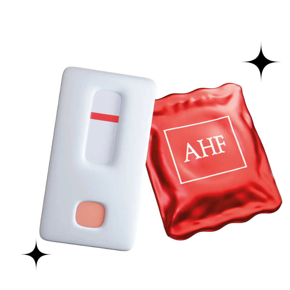 Ilustración de prueba rápida de VIH junto a preservativo con logo AHF sobre fondo gráfico.