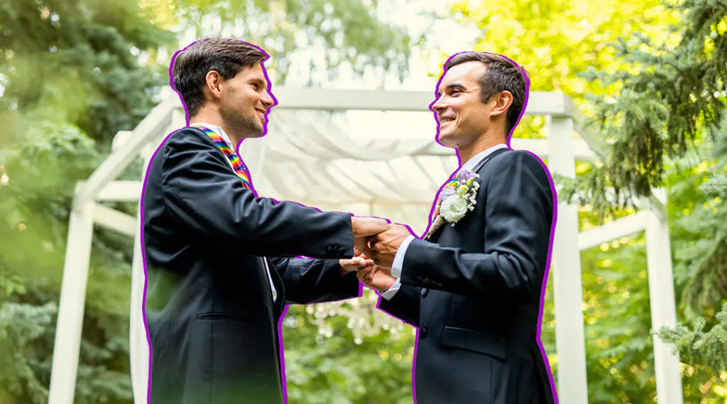 Pareja masculina celebra su boda, representando el matrimonio igualitario en Argentina.