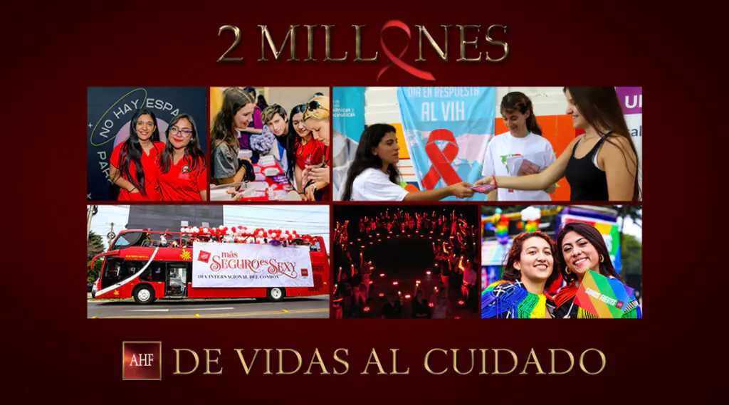 Collage de acciones de AHF Argentina con el mensaje “2 millones de vidas al cuidado”.