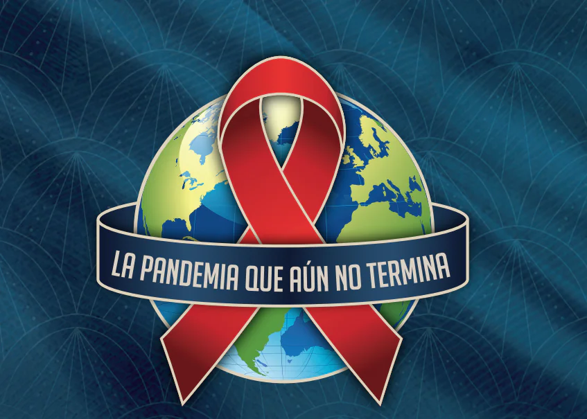Gráfica con lazo rojo sobre un globo terráqueo y el mensaje “La pandemia que aún no termina”.