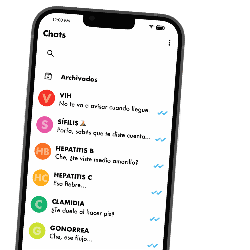 Interfaz de WhatsApp en celular mostrando chats activos para atención y orientación en salud.